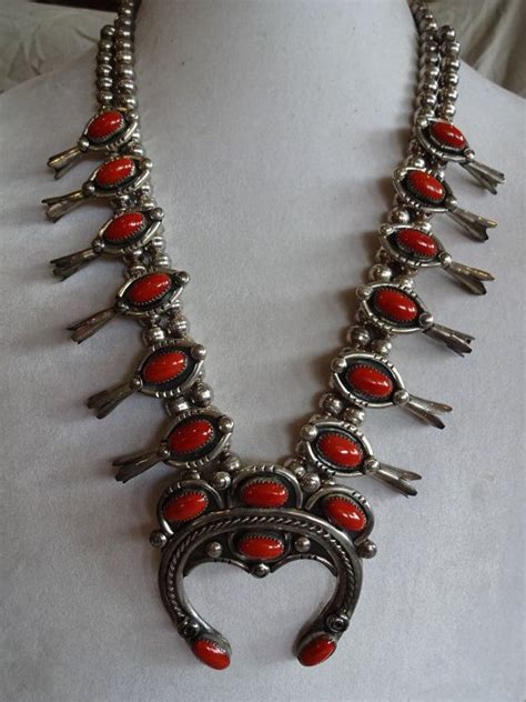 Signed Vintage Navajo Sterling Silver And Red Coral Squash Blossom