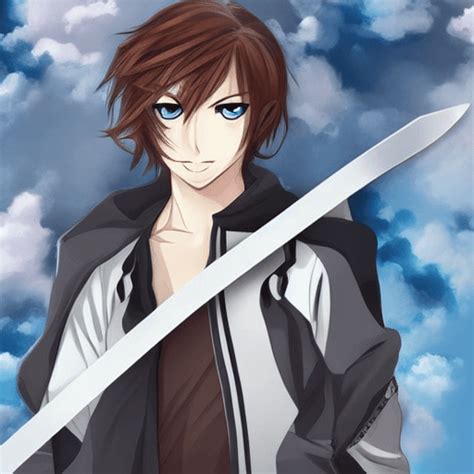 Anime Guy With Messy Brown Hair And Blue Eyes With Sword · Creative Fabrica