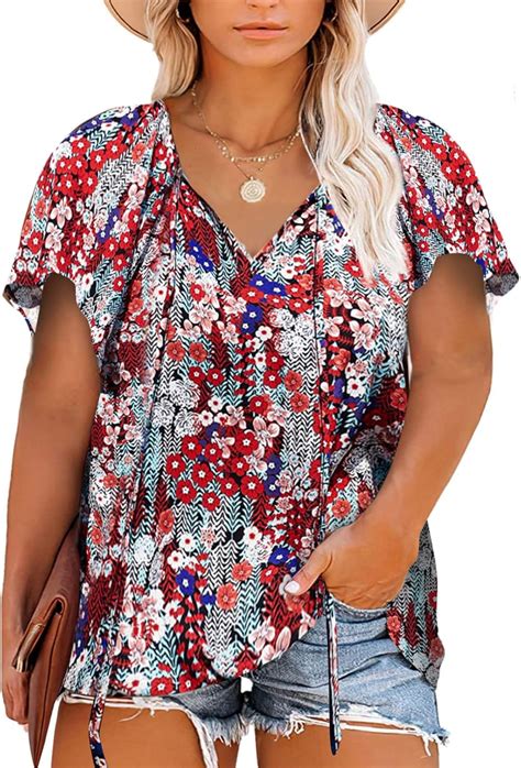 Eytino Women Plus Size Boho Floral Printed Tops Casual V Neck Long