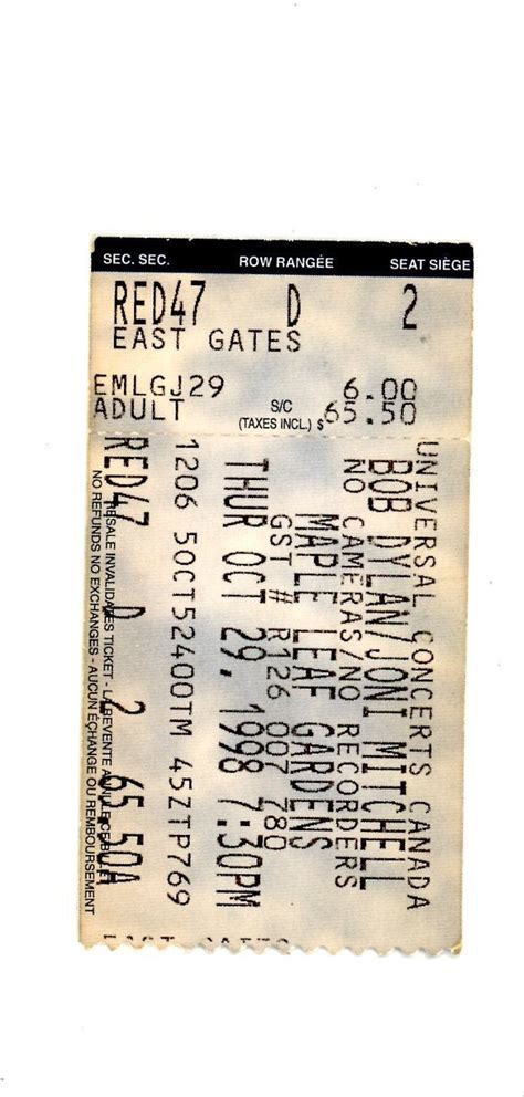 Original Bob Dylan Joni Mitchell Vintage Concert Ticket Stub Maple