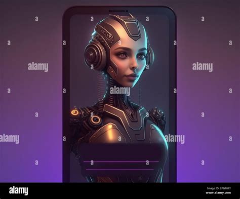 Robot Humanoide Futurista De La Mujer En La Pantalla Del Smartphone