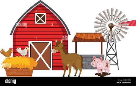 Farm animals and red barn illustration Stock Vector Image & Art - Alamy