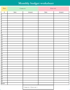 Monthly Budget Worksheet Archives Printerfriendly