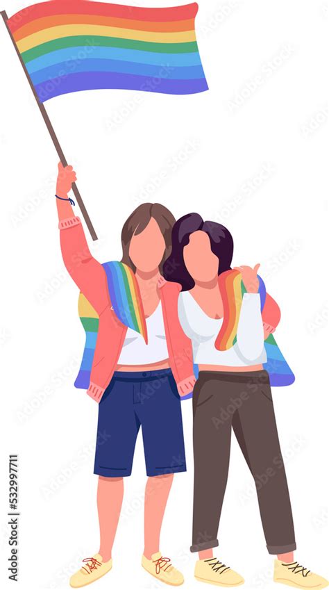 Lesbian couple with rainbow flag semi flat color raster characters ...