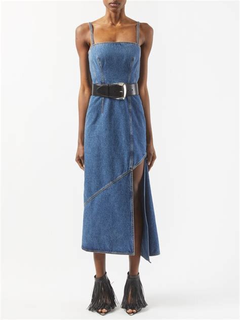 Alexander Mcqueen Slashed Panel Denim Midi Dress Mid Blue Editorialist