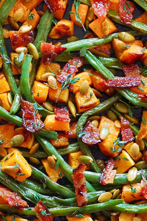 Thanksgiving Roasted Veggies Green Beans And Butternut Squash With Bacon And Pumpkin Seeds