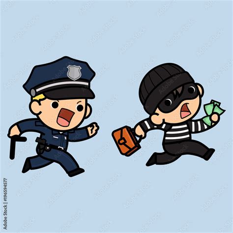 Police Officer Policeman Or Cop Running Try To Chasing A Thief Vector