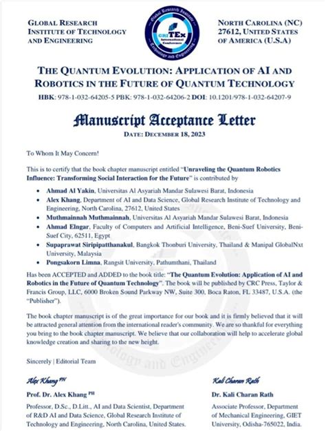 Pdf Acceptance Letter Taylor And Francis Book Quantum Robotics