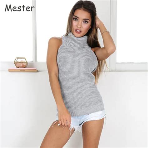 Women Sleeveless Turtleneck Sweater European Sexy Off Shoulder Backless