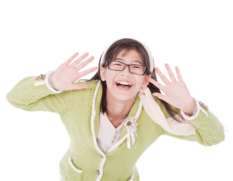 A Smiling Young Girl In A Green Sweater And Glasses With Hands On Pretty Minority Happy Png