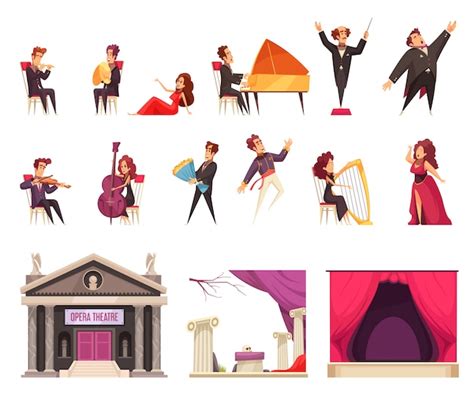 Free Vector Opera Theater Flat Cartoon Elements Set With Performing Musicians Singers