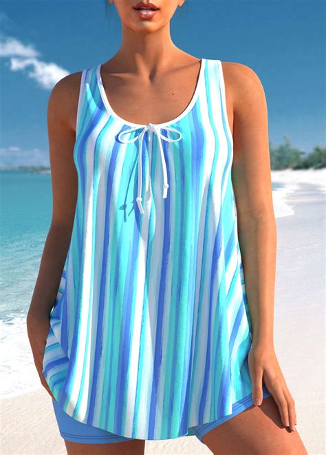 Plus Size Bowknot Sky Blue Striped Tankini Set Rosewe Usd