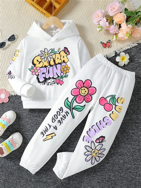 Tween Girl Floral And Letter Graphic Hoodie And Sweatpants Shein Usa