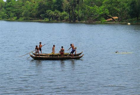 Group of Cambodian Kids Floating on a Wooden Boat Editorial Stock Image ...