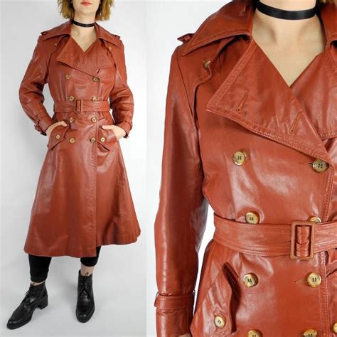 1970 S Brown Leather Trench Coat Vintage Sears JR Bazaar Etsy