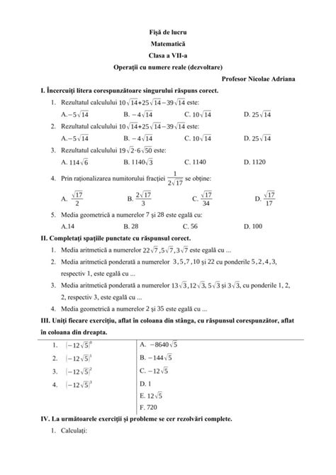 Academiaabc Fi De Lucru Matematic Clasa A Vii A Opera Ii Cu Numere