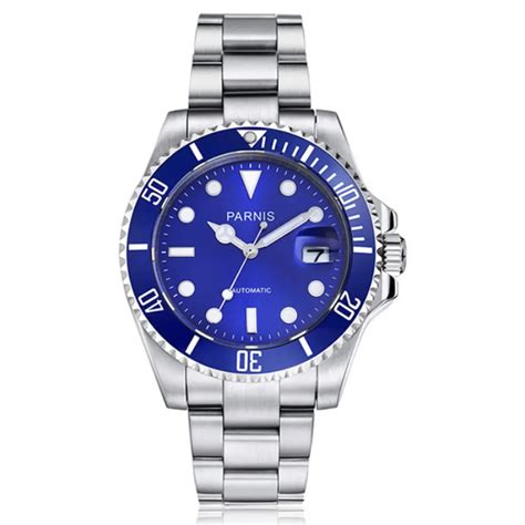 Mm Parnis Blue Dial Sapphire Glass Automatic Watch Men Black Rubber