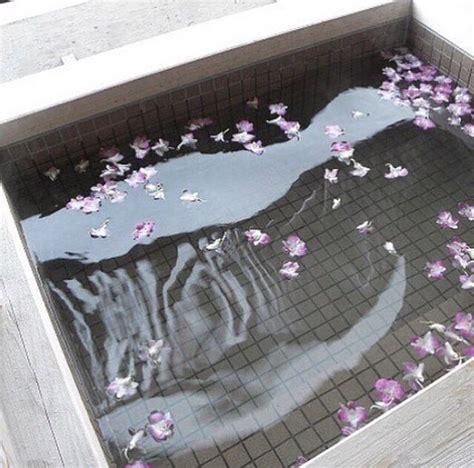 An Empty Pool With Purple Flowers Floating On The Water And In It Is A