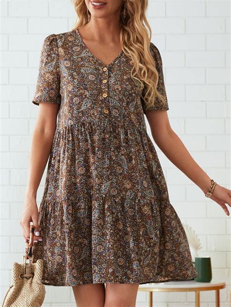 Emery Rose Paisley Print Half Button Ruffle Hem Smock Dress In