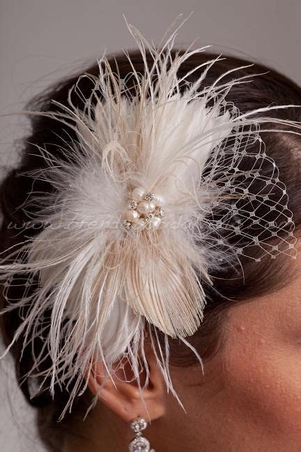 Ivory Feather Birdcage Fascinator With Champagne Peacock Eye And Fresh Water Pearl And