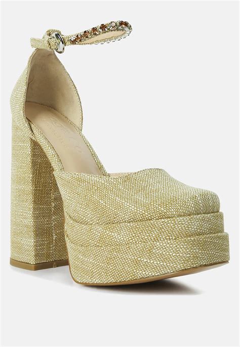 Rag And Co Cosette Diamanate Embellished Ankle Strap High Block Heel Sandals Beige Us 10 Uk 8