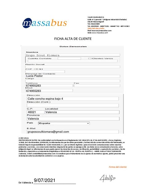 Ficha Alta Cliente Rellena Pdf