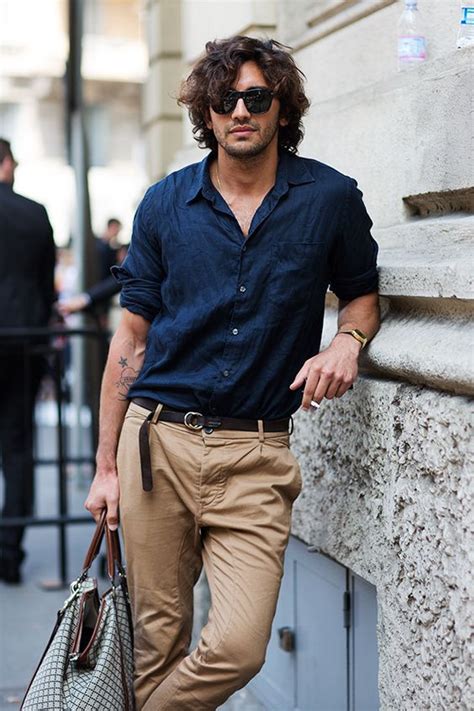 Dark Blue And Navy Shirt Men Shirts Outfit Designs With Beige Pants