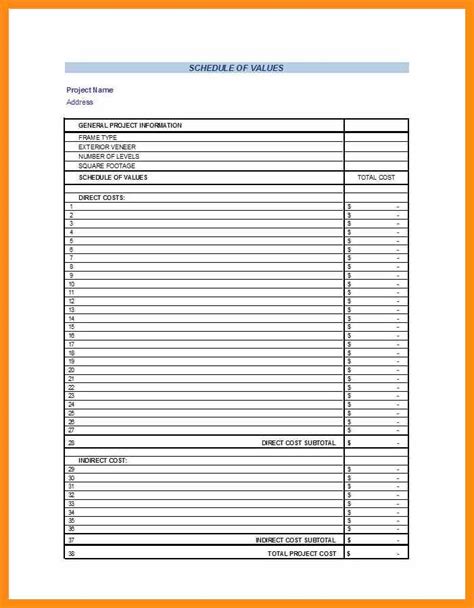 Schedule Of Values Template – printable receipt template