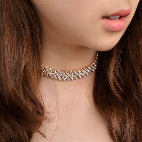 Volunge 2017 Women S Shiny Full Crystal Choker Necklaces Gold Silver