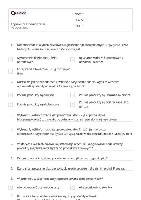 Ponad 50 Czytanie Arkuszy Roboczych Dla Klasa 7 W Quizizz Darmowe I