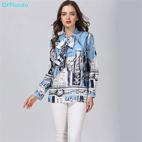 Designer Runway Blue Floral Bow Women Blouses 2018 Summer Long Sleeve