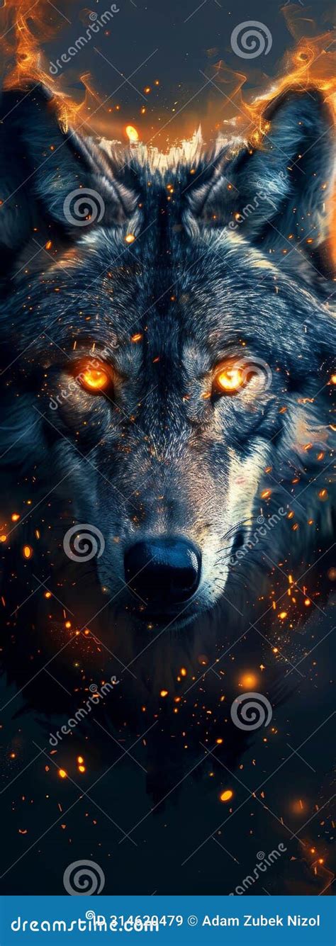 Mystical Fiery Wolf with Glowing Eyes Stock Illustration - Illustration ...