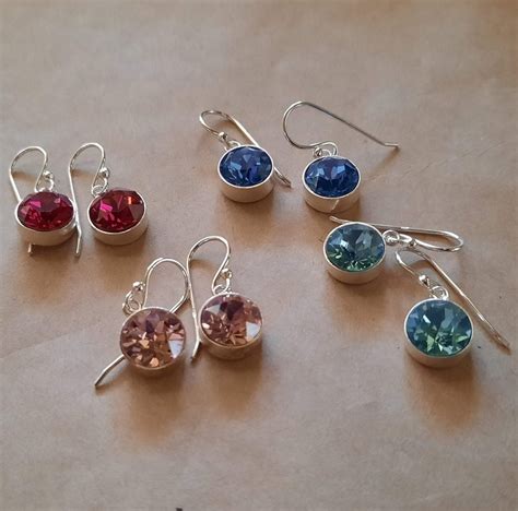 Sterling Silver Birthstone Dangle Earrings With Hooks Swarovski Crystal