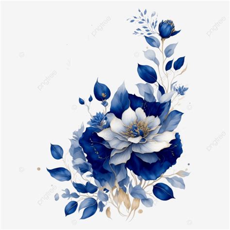 Fleur Bleue Et Rayures Dorées Avec Style Aquarelle PNG Fleur Bleu