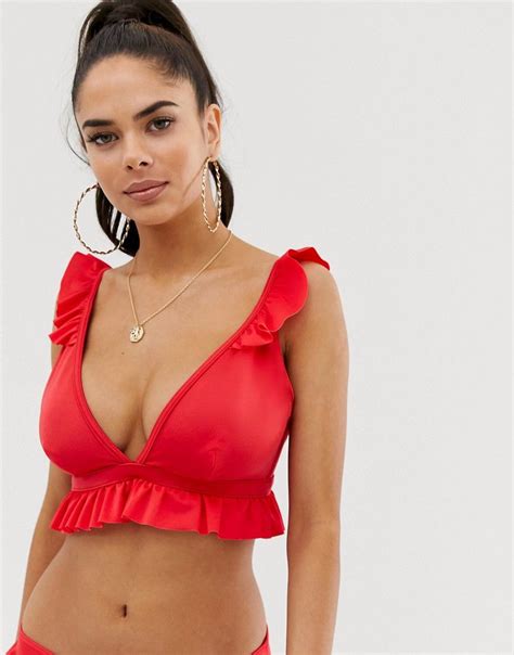 Top De Bikini Con Volante Glamuroso En Rojo Copa E G De Asos Design