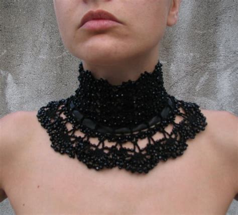 Crocheted High Collar Necklace Choker With BLACK Fire Polished Etsy