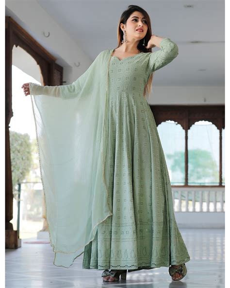 Green Chikankari Anarkali Kurta With Dupatta Set Of Two By Geeta