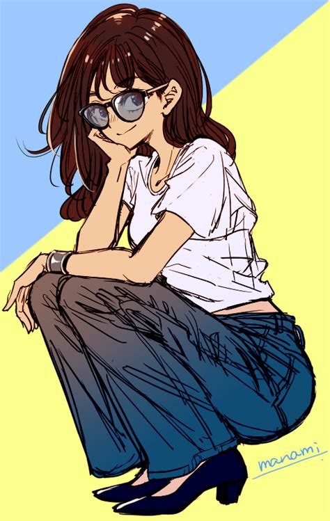 Safebooru 1girl Black Footwear Blue Background Blue Pants Brown Hair