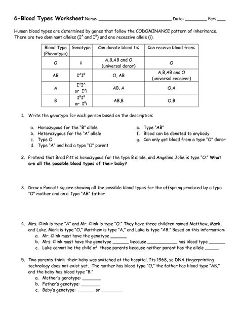 Codominance Worksheet Blood Types Answers