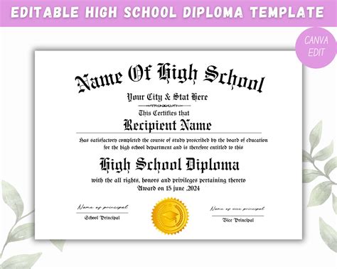 Editable High School Diploma Template, High School Diploma, Printable Homeschool Diploma