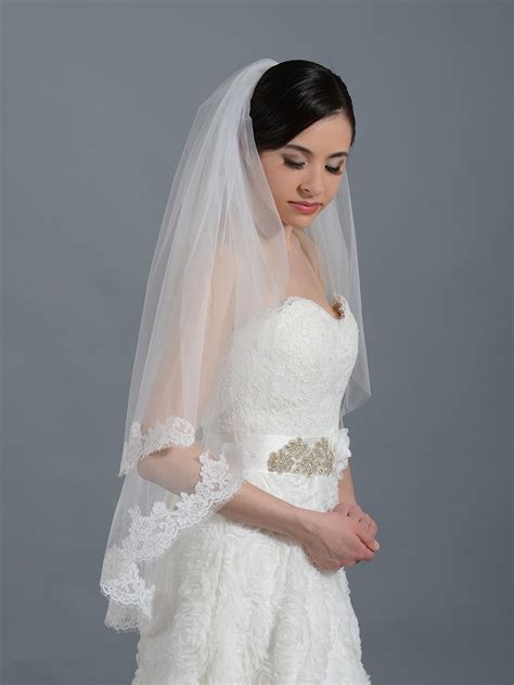 2 Tier Ivory Elbow Alencon Lace Wedding Veil V042