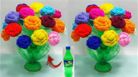 बची हुई ऊन से बनाये आसान गुलदस्ता Diy Very Easy Woolen Flower Craft Plastic Bottle Vase Craft