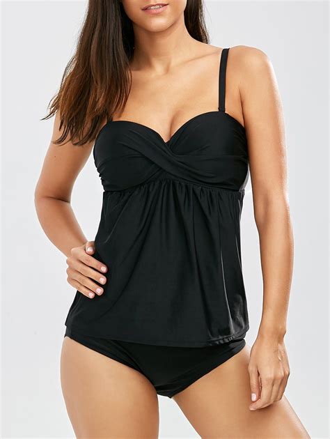 Black L Push Up Spaghetti Strap Blouson Padded Tankini With Underwire