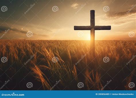 Silhouette Cross On Calvary Mountain Sunset Background Easter