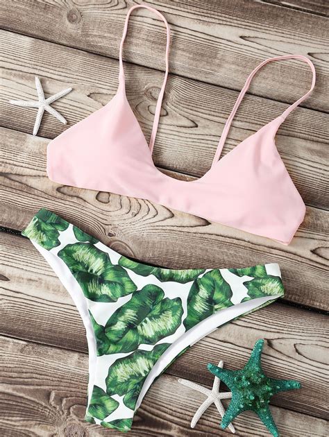 Chic Leaf Print Spaghetti Strap Bikini Set For Women Spaghetti Strap