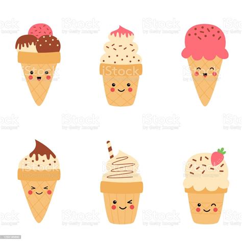 Collection Of Cute Kawaii Ice Cream Cones Stock Illustration Download