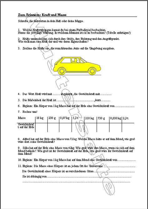 Zum Erinnern Kraft Und Masse Arbeitsblätter Schule Physik