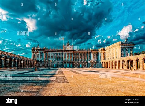 Royal Palace In Madrid Palacio Real De Madrid And Armory Square In The Evening Time Spain