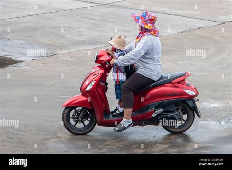 Samut Prakan Thailand Sep A Woman Rides Boy On A Motorcycle