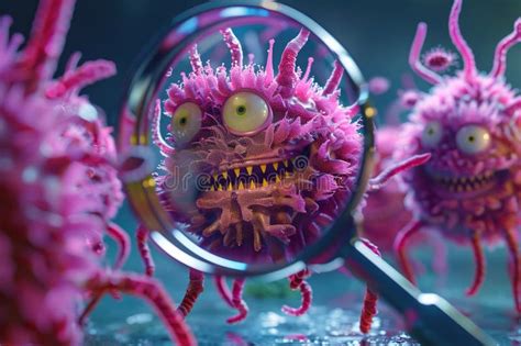 Evil Microbe Bacterium Under A Magnifying Glass Cartoon Character Of